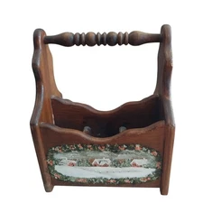 Vtg Wood Utensil Napkin Holder Caddy Winter Scene Hand Painted Cottage Kitchen