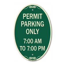 Permit Parking Only 7-00 Am to 7-00 Pm 12" x 18" Green & Tan Aluminum Oval Sign