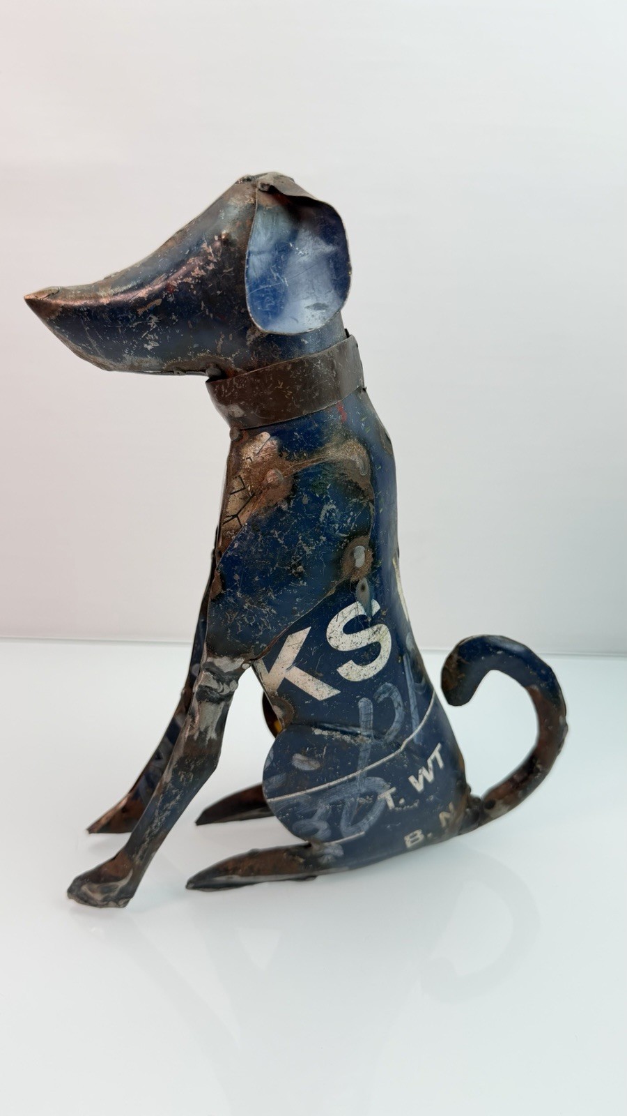Hand Made Reclaimed Recycled Metal Oil Drum Paint Tin Dog Sculpture Garden