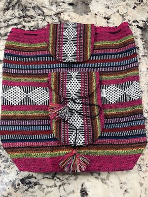 Lili Multicolor Striped Woven Fabric Drawstring Backpack Tassel 16 in