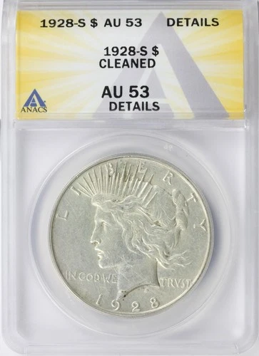 1928-S $1 Peace Dollar ANACS AU53 Details Cleaned