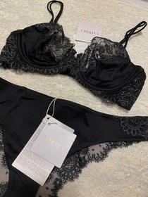 La Perla Clea Collection 38B L Bra Brazilian Brief Panty Set Black Silver