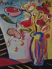 Fine unique painting – Pop art composition, flowers, signed Peter Max