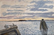 Impressionist Karl Adser Abendsonne im Hafen mit Möwen 41,5 x 63,5 cm