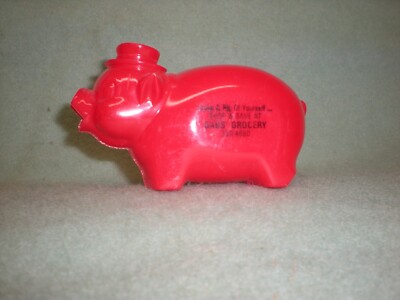 Vintage 1970's Gabs Grocery Red Plastic Piggy Bank Mount Carmel PA