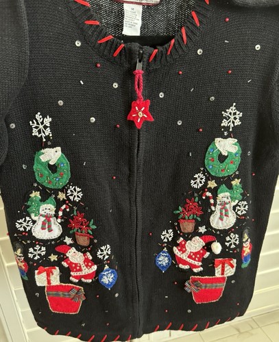 Tiara Int'l Sz M Blk Ugly Christmas Cardigan Zip Sweater Appliqué Design NWT - Picture 2 of 17