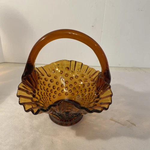 Vintage Fenton Dark Amber Hobnail Basket Ruffle Crimp Edge 6” Tall