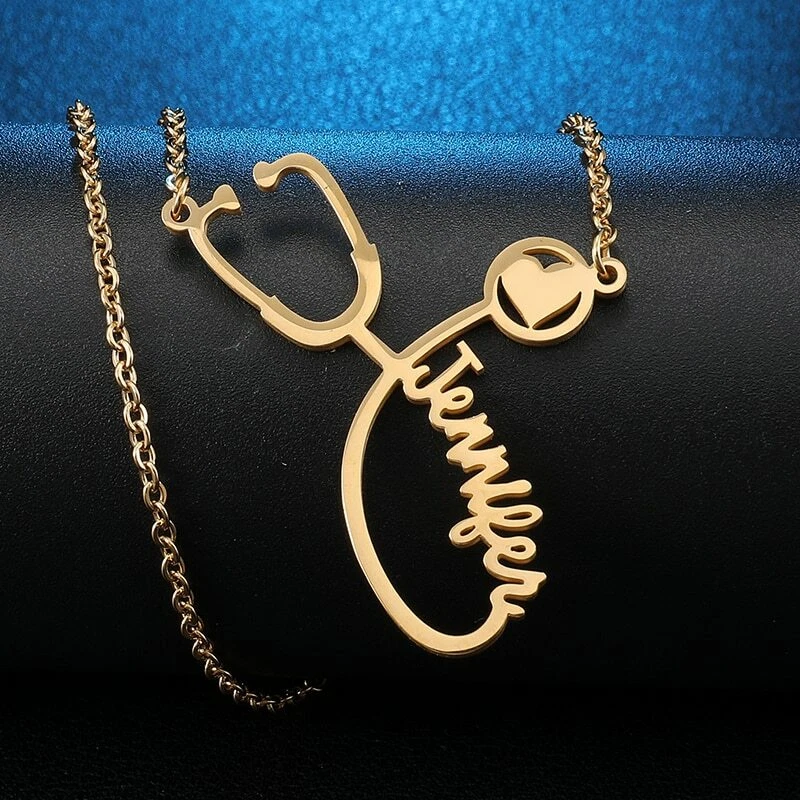 Personalized Name 925 Silver Necklace Stethoscope Pendant Nurse
