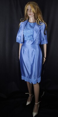 Vintage  Seide Silk Blend Skirt Suit Iceblue Kostüm Top 3PC Kay Unger Gr S