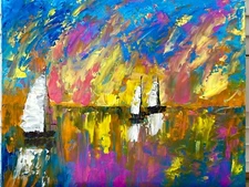 Sailboat painting original sunset at sea palette knife  Textured Seascape