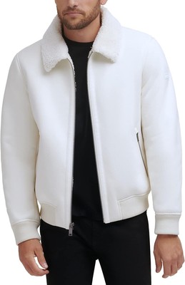 DKNY Men's Shearling Bomber Jacket with Faux Fur Collar