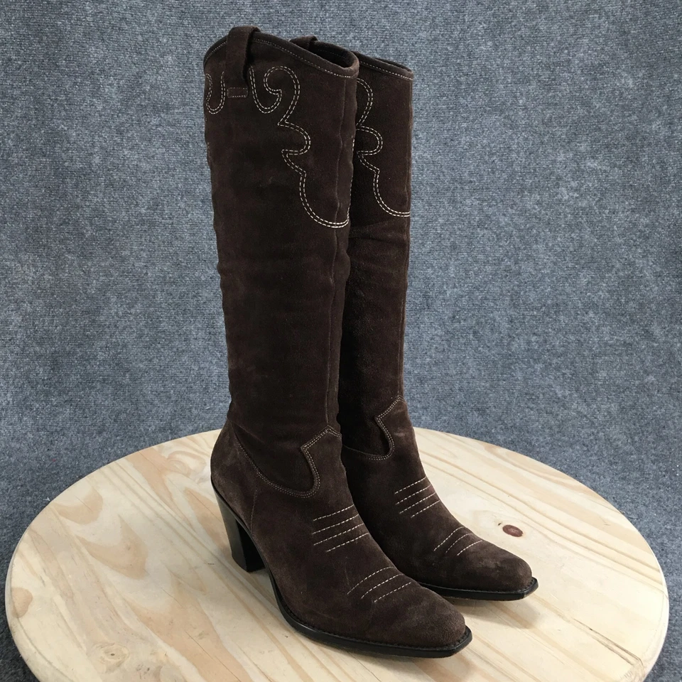 Botas Via Spiga para mujer 9 M de altura para montar marrón imitación cuero media pantorrilla pull on bloque Foto 3 de 4
