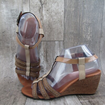 PAUL GREEN Phoenix Tan Brown T-Strap Leather Wood Wedge