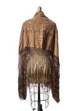 Vintage Hand embroidered Brown Silk piano scarf/shawl hand knotted fringe