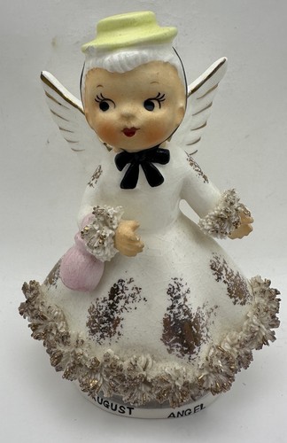 Vtg Ceramic Artmark August Birthday Girl Angel Hat Purse Spaghetti Trim Figurine - Picture 1 of 10
