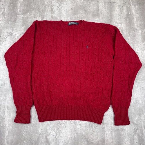 VINTAGE Polo Ralph Lauren Sweater Mens Large Red Cable Knit Pony Crewneck Wool - Image 1