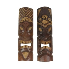 Chesapeake Bay Set of 2 Unique Hand-Carved Wooden Polynesian-Style Tiki Wall