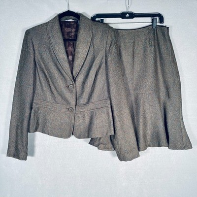Hillard Hanson Suit Womens 12 Brown Stretch 2 Piece Blazer Pencil Skirt Size 10