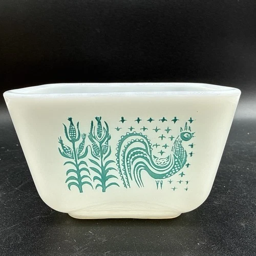 VTG PYREX Turquoise ROOSTER Dish 1.5 cup 70s Amish Butterprint damaged Lid