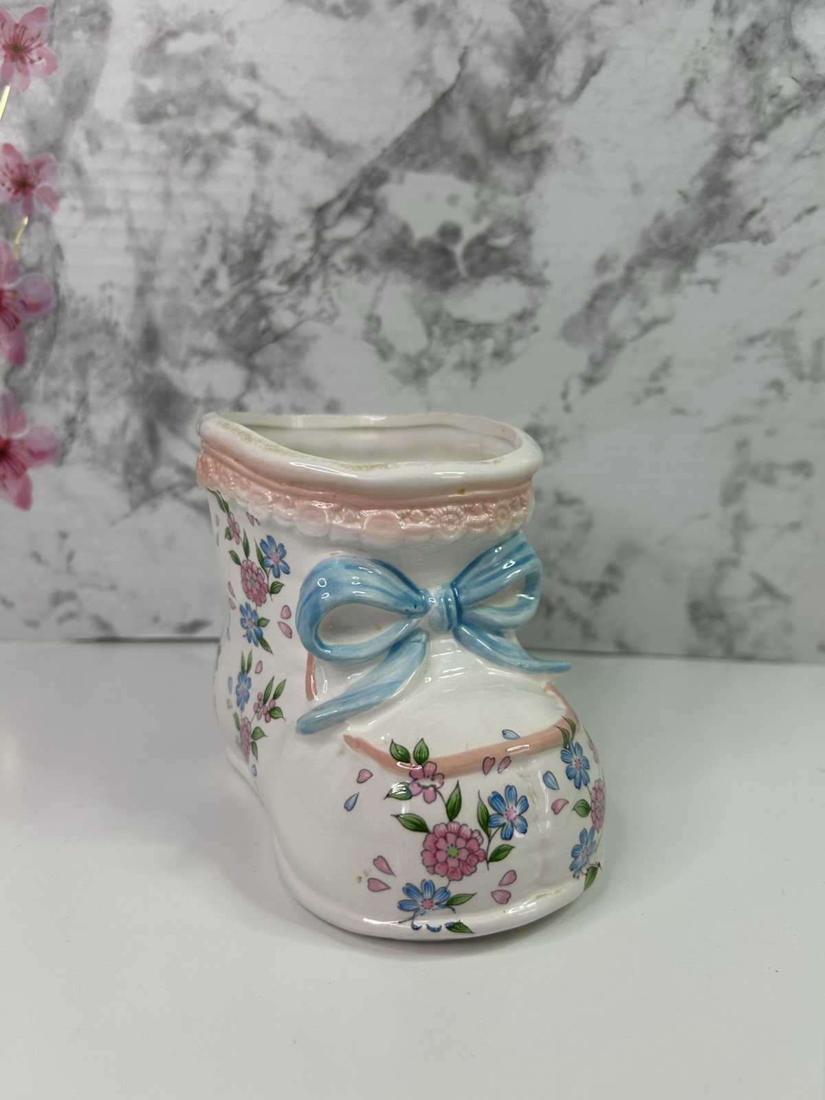 Inarco Vintage Baby Shoe Porcelain Planter Made In Japan Pastel Pink Blue Floral