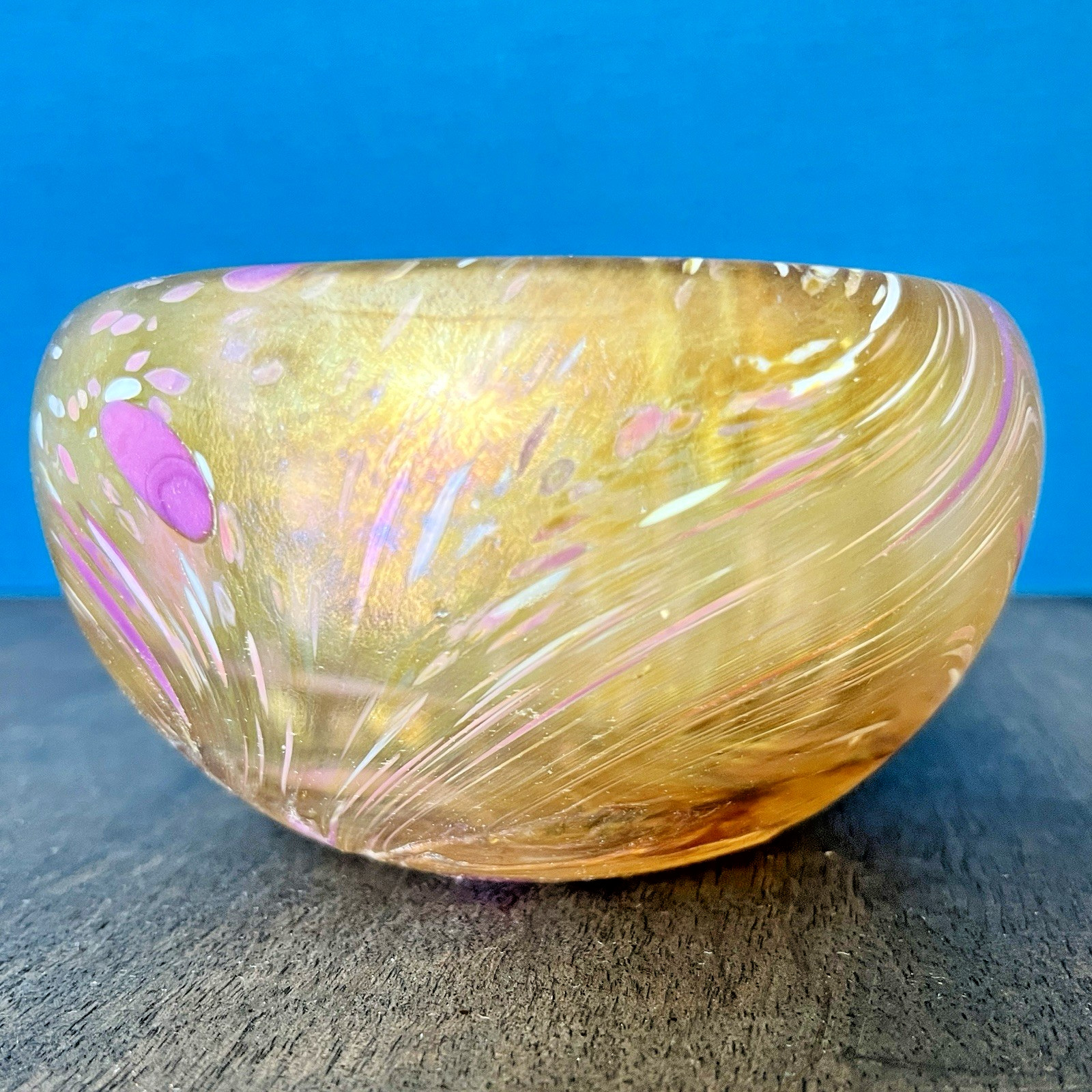 Vintage Iridescent Art Glass Bowl – Hand Blown Studio Glass Swirl Bowl Gold Pink image 5