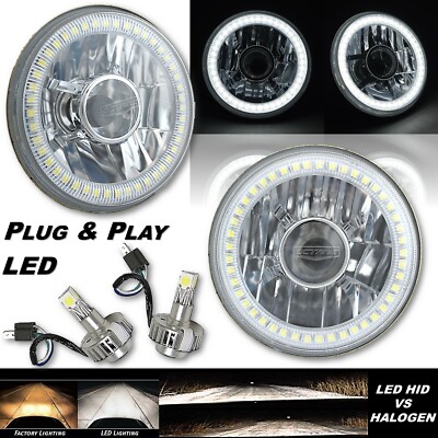 5-3/4'' Projector White SMD Halo Angel Eye Crystal Headlight & 6k LED Bulb Pair