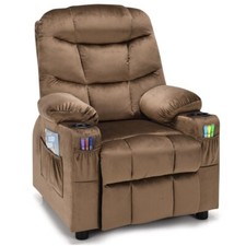 Kids Upholstered PU Leather Recliner Adjustable Backrest Footrest W/ Cup Holders