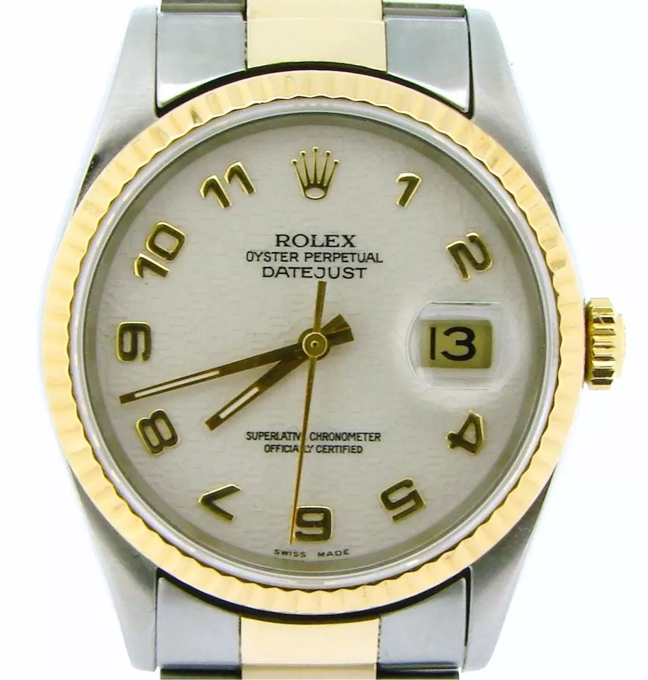 Rolex Datejust Mens 2Tone Yellow Gold Steel Watch White Arabic Dial 16233