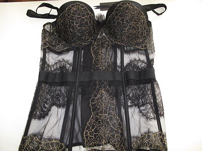 Ensemble Bustier Dentelle Noir Et Doré Victoria's Secret - Taille 36 C, Neuf Avec étiquettes