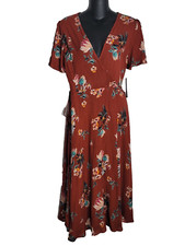 Lulus Women Dress Small Floral Print Rust True Wrap Tie Maxi Flutter Sleeves NEW
