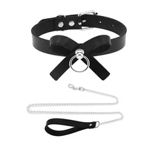 2Pcs Soft Faux Leather Collar and Leash Set for Women,Bow Choker Necklace wit...