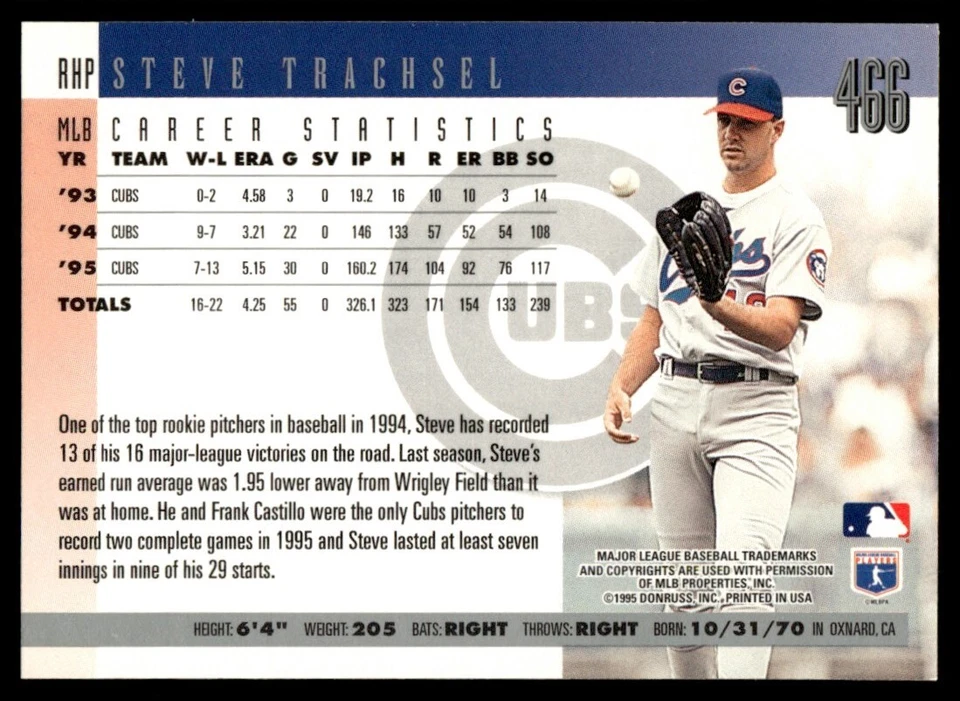 1996 Donruss #466 Steve Trachsel Chicago Cubs - Image 2 of 2