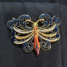 Vintage Cindy Adams Gold Tone Enamel Rhinestone Butterfly Brooch Pin Orange Blue