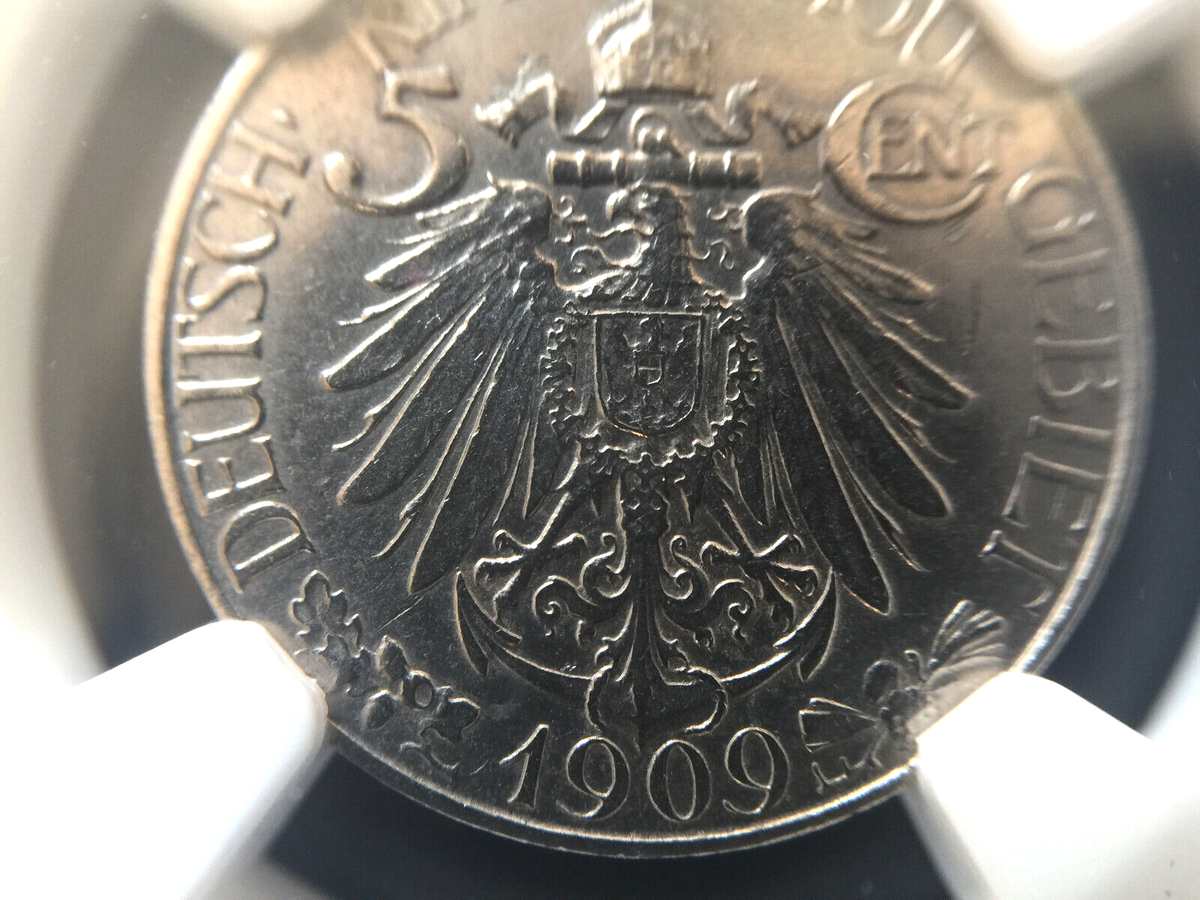 1909 China Kiau Chau. German Occupation 5 Cents NGC UNC Coin 青島