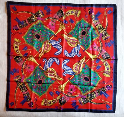 Gorgeous Vintage Kkusebo Paris Silk Scarf Red - Royal Print Archery and Trumpets