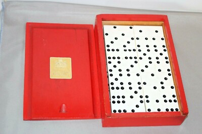 Vintage Chad Valley Dominos Komplettset in roter Holz Holzkiste in sehr gutem Zustand Dominosteine