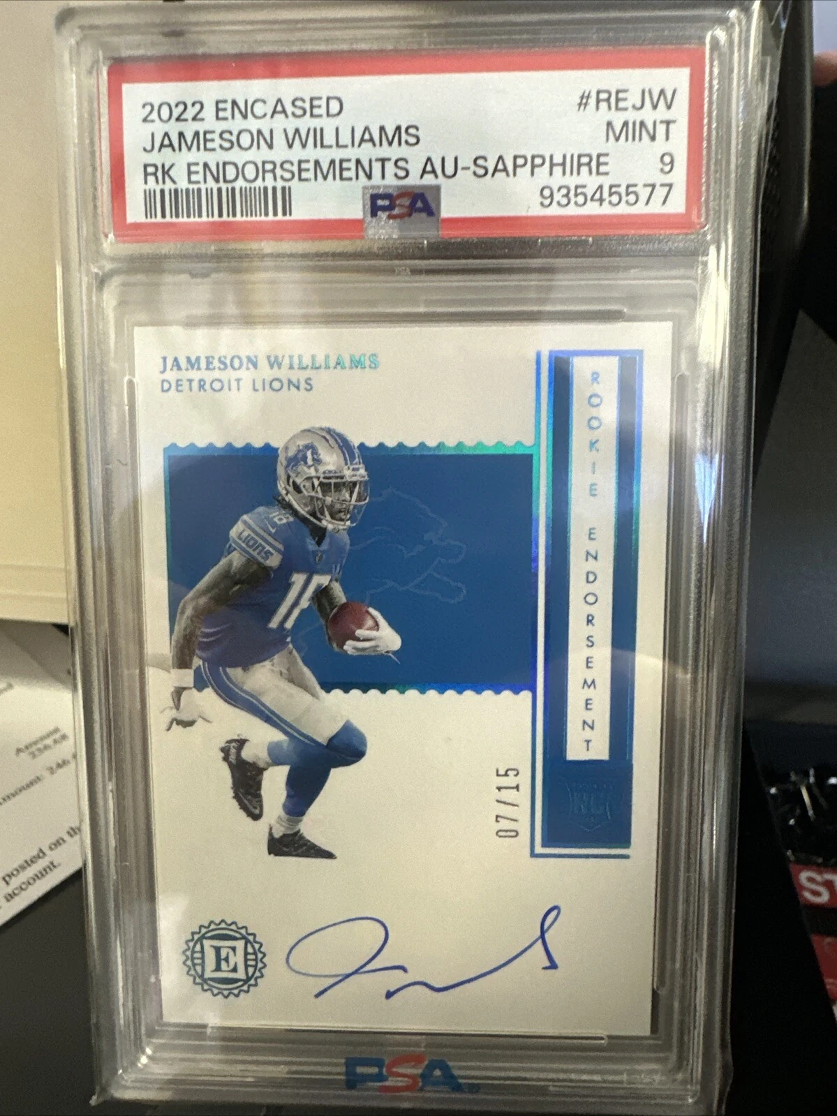 Jameson Williams Panini Encased Rookie Endorsements Autographs #REJW Sapphire