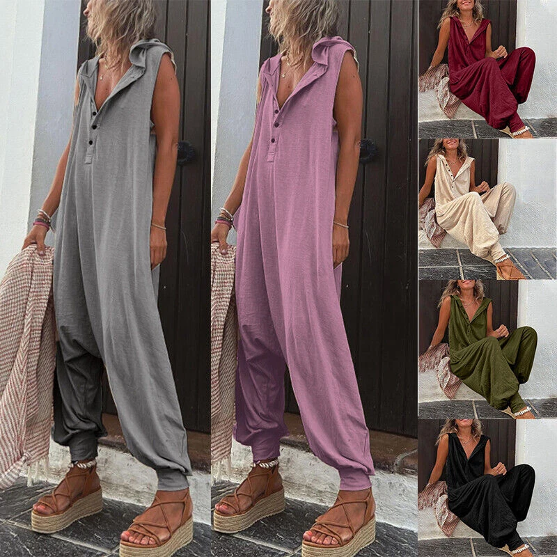 Women Summer Sleeveless Hooded Romper Button Solid Playsuit Loose