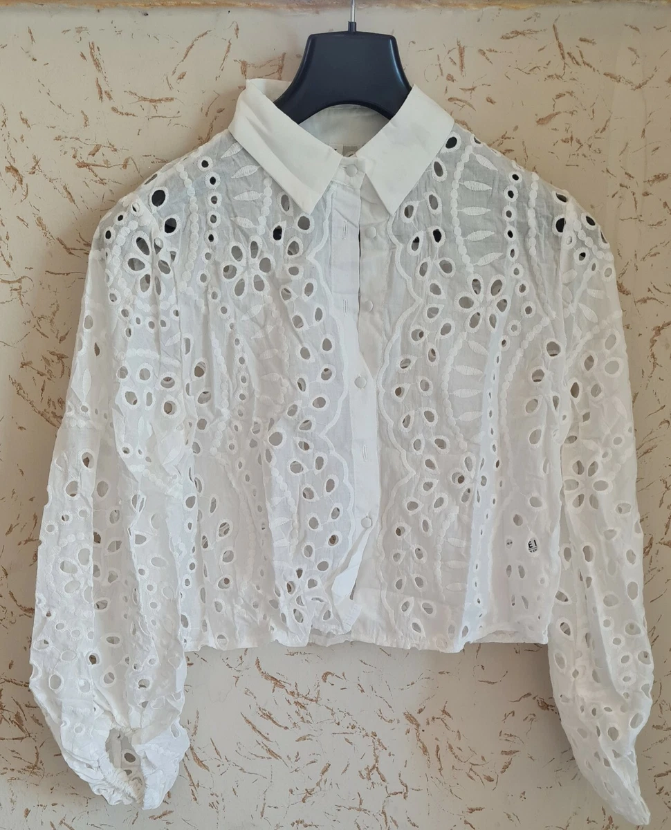 Camicia donna elegante blusa bianca traforata ricamata TG L nuova manica  pizzo