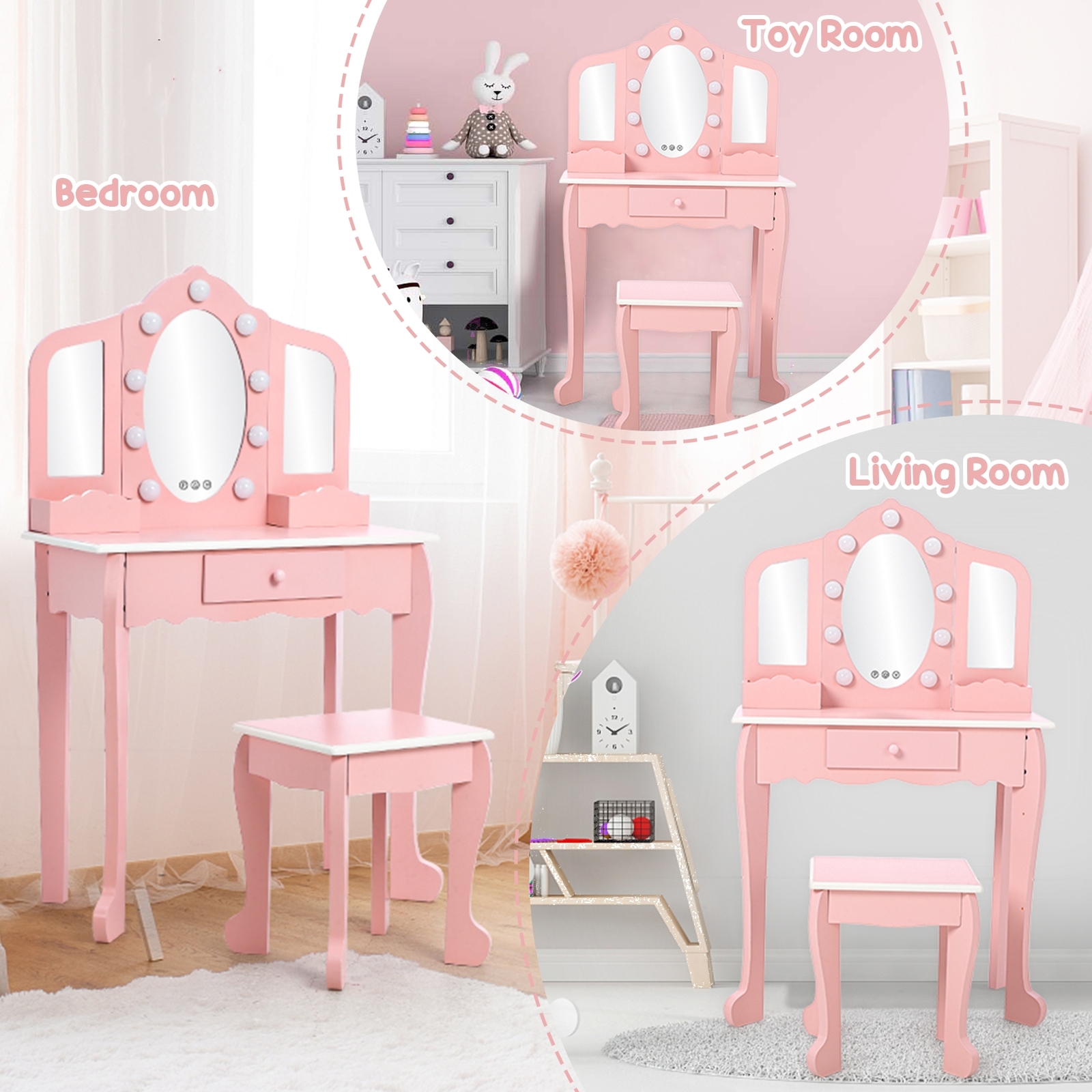 Kids Princes Vanity Table Set Makeup Dressing Table Gift Girls Stool Mirror Pink