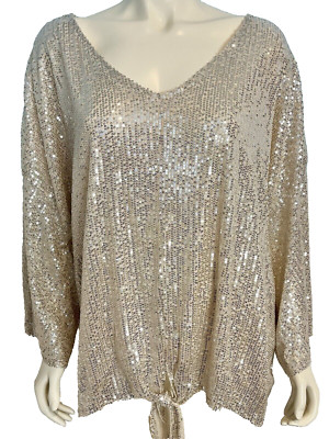 Belle by Kim Gravel Gold Sequined V Neck 3/4 Slv Top Size 2X