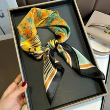 100% Mulberry Silk 27'' Scarf Women Vintage Oil Paiting Kerchief Square Bandana