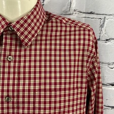 Eddie Bauer Men's Classic Fit Wrinkle Resistant Cotton Red Tan Check Shirt Large