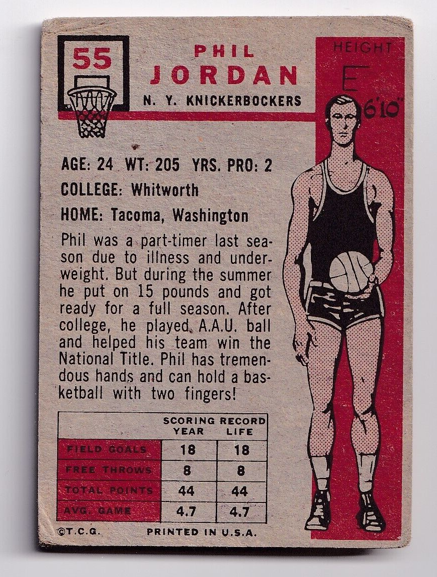 Phil Jordon 1957 Topps NBA Basketball Rookie Card # 55 Phil Jordon 1957 Topps NBA Basketball Rookie Card # 55