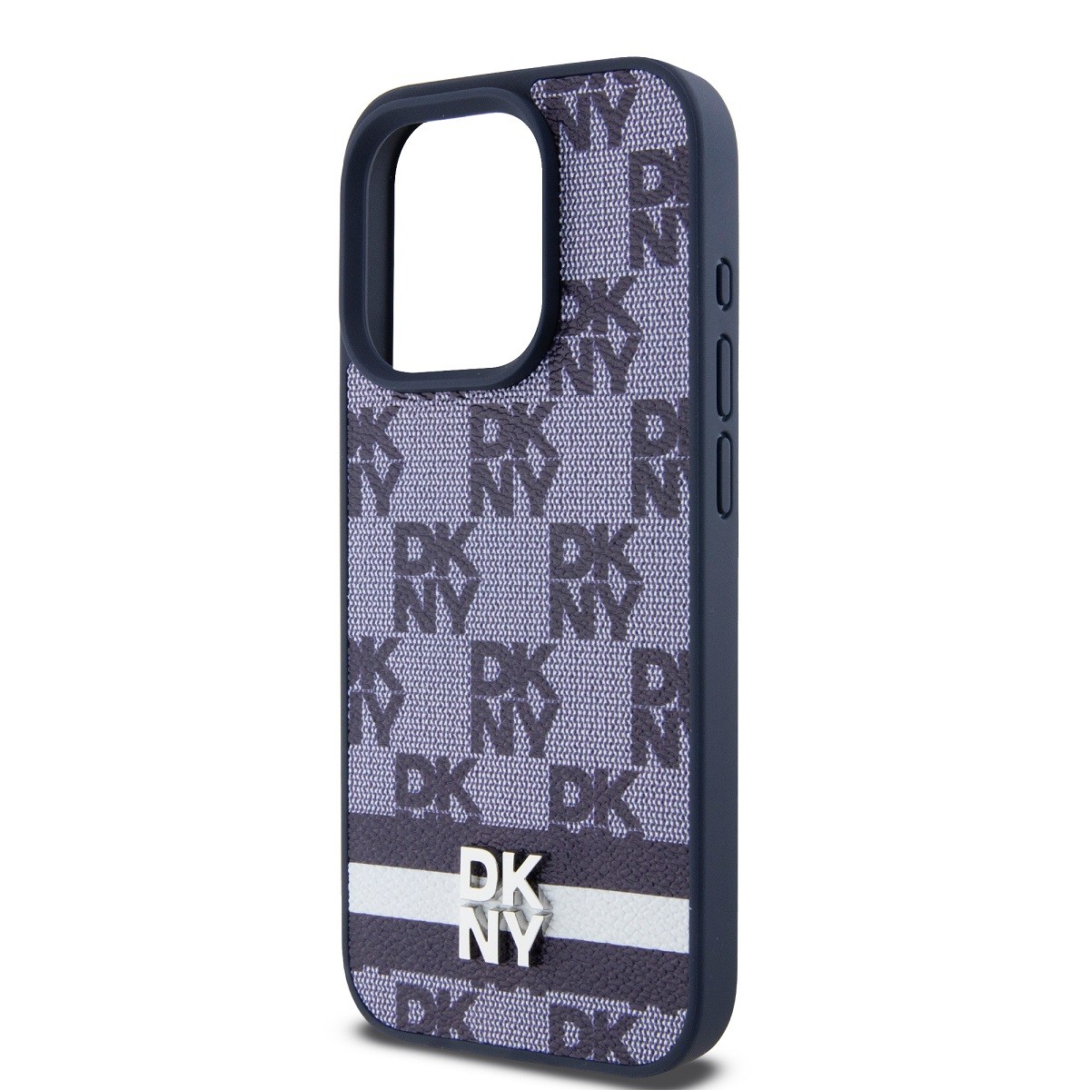 Coque iPhone 15 Pro Max DKNY en cuir à motif damier bleu chic