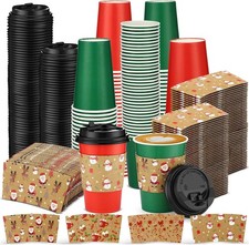 300 Pcs Disposable Coffee Cups with Lids and Sleeves - 12 Oz Paper Cups for Hot