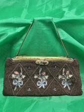 Golden Bronze Heavily Beaded Handbag Purse w/ Floral Design enamel clasp