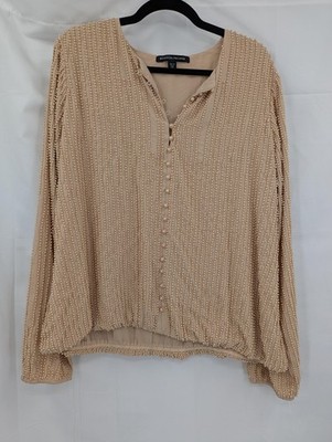 Boston Proper Blouse Womens XL Beige Pearl Beaded Button Front Long Sleeve Top