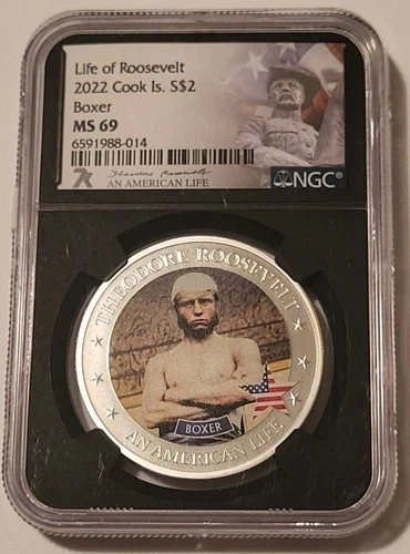 Cook Islands 2022 1/2 oz Silver $2 Theodore Roosevelt - Boxer MS69 NGC Low Mint