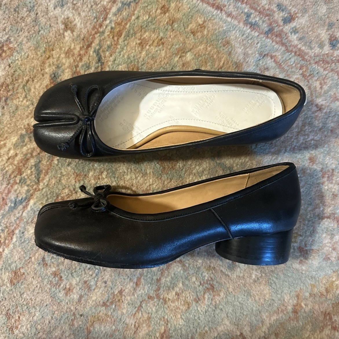 Maison Margiela Black Leather Tabi Toe Bow Ballet Flats Women EU 37